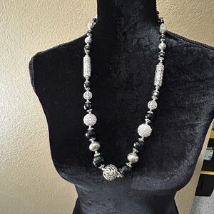 Vintage Estate Necklace Black Silver Filigree Scroll Metal Wood Plastic Unmarked